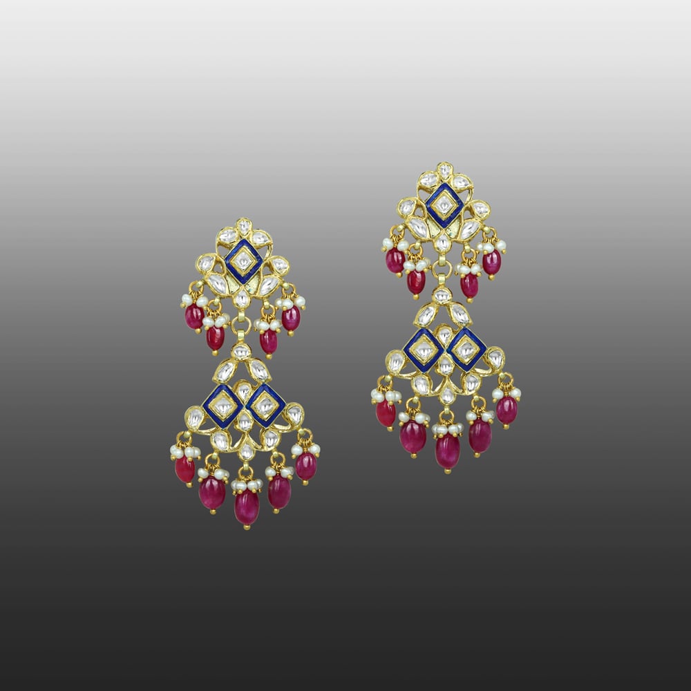 Cascading Polki Earrings with Blue Enamel, Ruby, and Pearls
